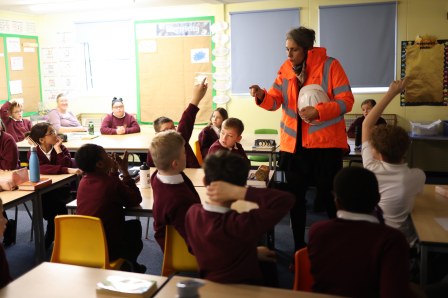 Pupils from St Cuthbert's Primary School are pictured learning about construction from Lisa Molloy of Seymour Engineering